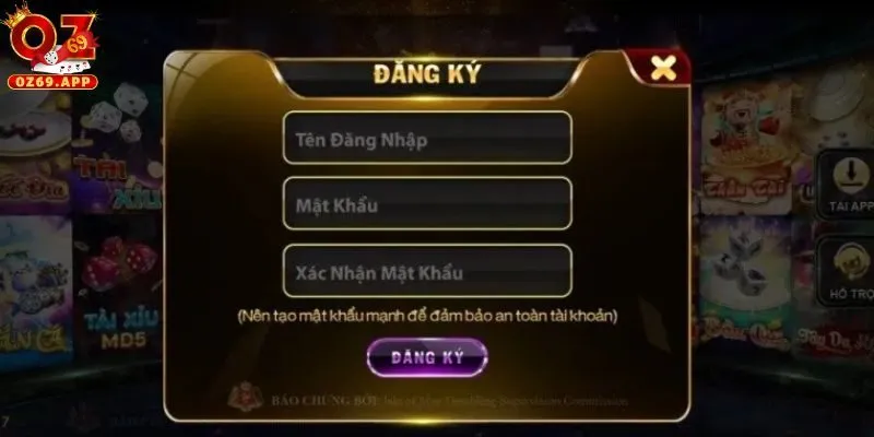 Người chơi điền các thông tin tài khoản khi tạo account trên hệ thống